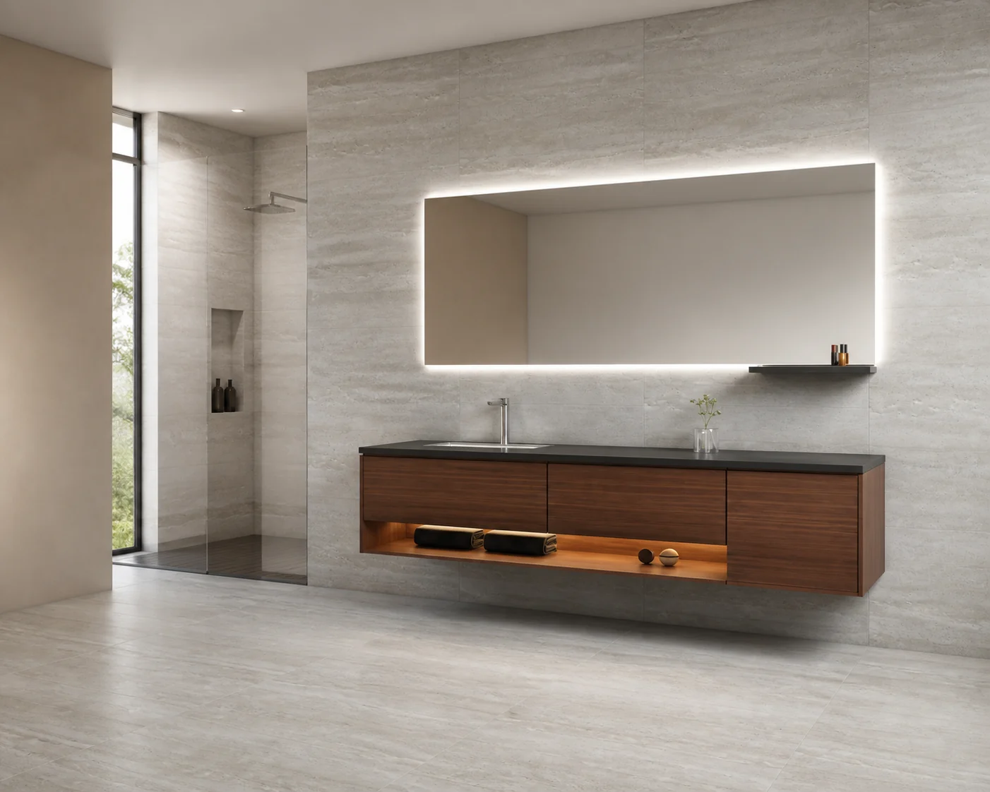 Baño contemporáneo con porcelanato gris claro y gabinete flotante de madera