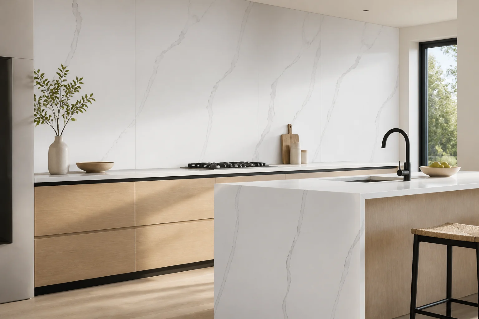 Cocina cálida con porcelanato blanco de veta gris fina