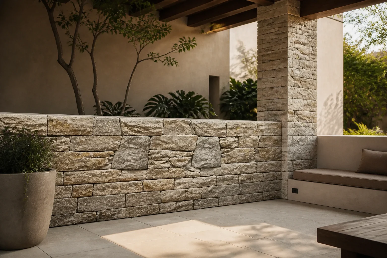 Patio cubierto con muro revestido de piedra natural beige y gris