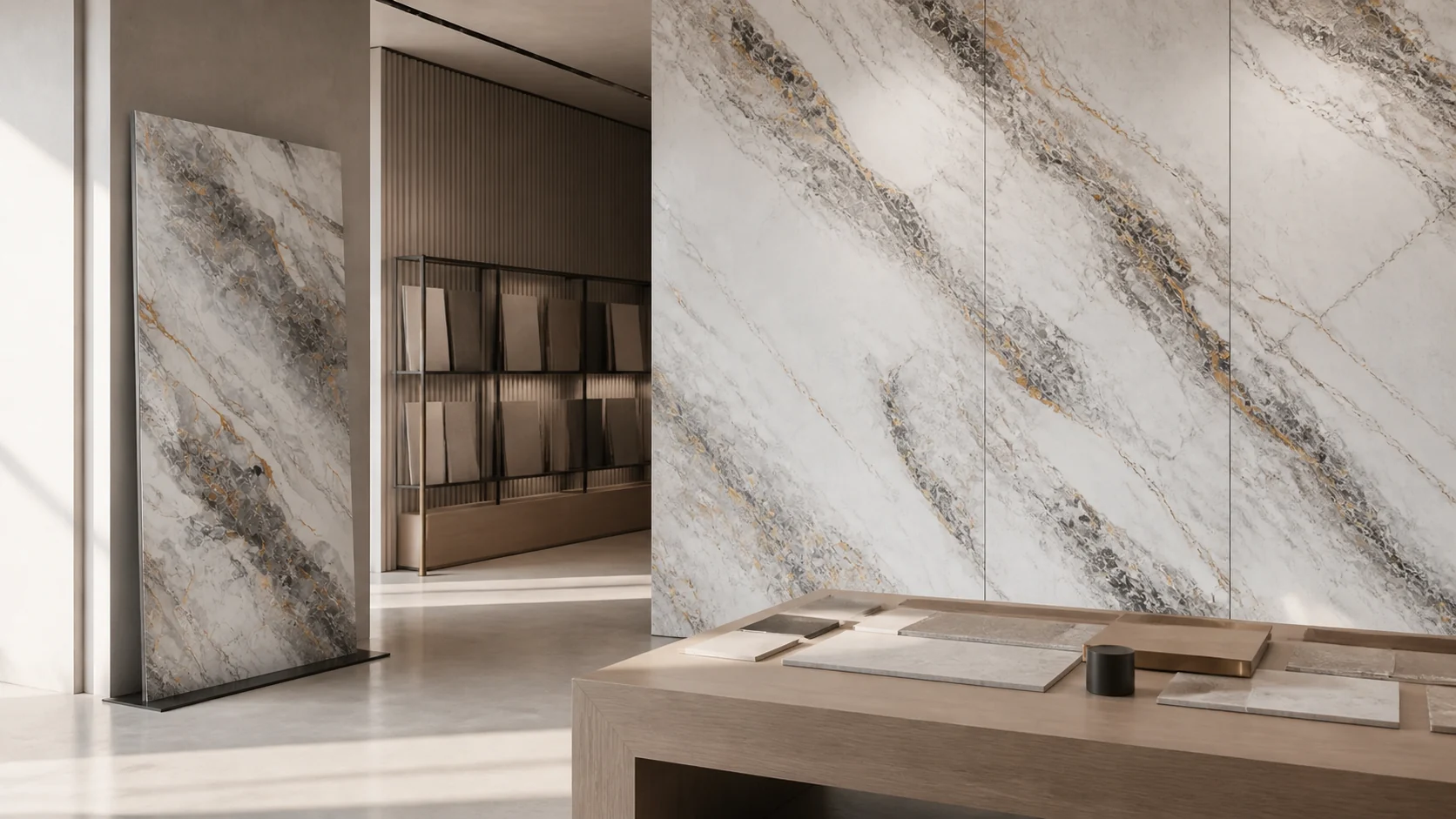 Showroom cálido con porcelanato blanco de veta gris y detalles dorados