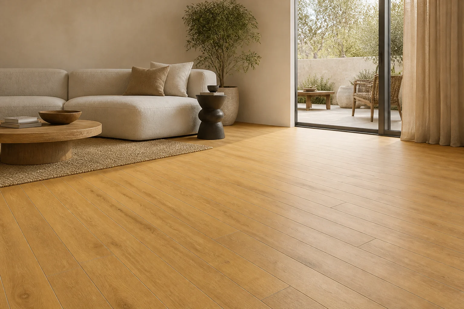 Sala contemporánea con piso tipo madera en tono roble miel